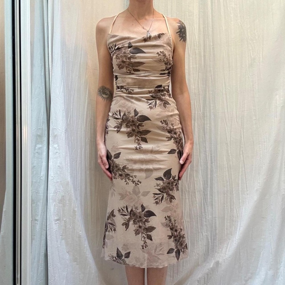 Romwe Tan Mesh Floral Ruched Midi Dress Whimsygoth Coquette Grunge XXS Formal